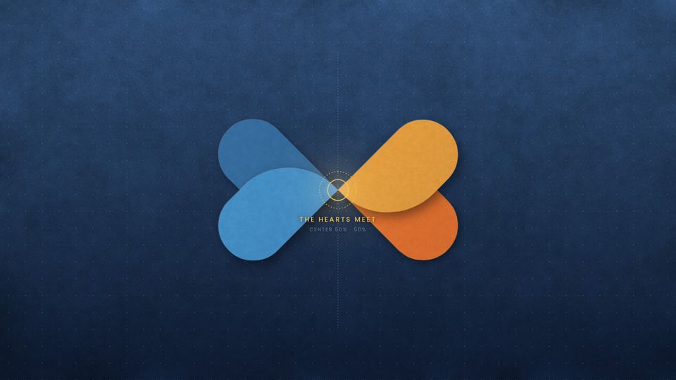 A blue heart and an orange heart meeting at a single center point